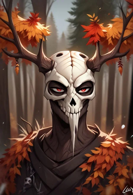 (((beautiful, high quality))), upper body, score_9, score_8_up, score_7_up, solo,
LomArtStyle, DeerMask, animal skull,
Ent, living tree, wood texture, colored bark, colored foliage, 1boy, red foliage, dark wood color, red eyes, ((skull head)),
Outdoor, fantasy background, nature, blurred background,