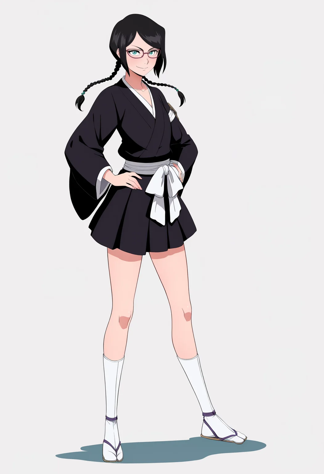 best quality, amazing quality, very aesthetic, absurdres,
1girl, yadoumaru lisa, black hair, twin braids, aqua eyes,
glasses,
haori, japanese clothes, black skirt,
full body, hands on hips, standing,
smile, solo, looking at viewer, simple background, white background <lora:LisaYadomaruNoobXL_byKonan:1>