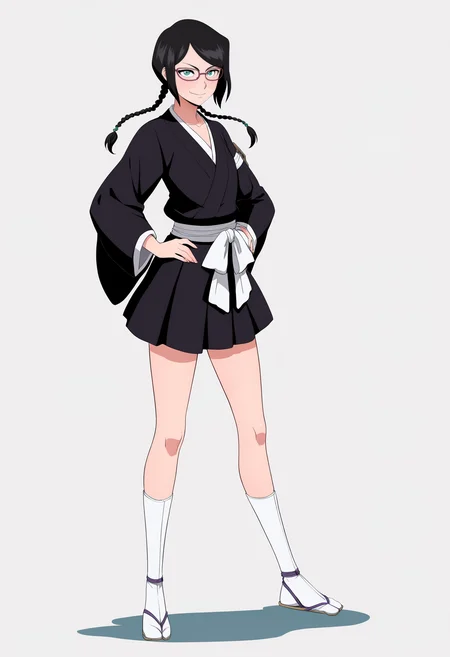 best quality, amazing quality, very aesthetic, absurdres,
1girl, yadoumaru lisa, black hair, twin braids, aqua eyes,
glasses,
haori, japanese clothes, black skirt,
full body, hands on hips, standing,
smile, solo, looking at viewer, simple background, white background <lora:LisaYadomaruNoobXL_byKonan:1>