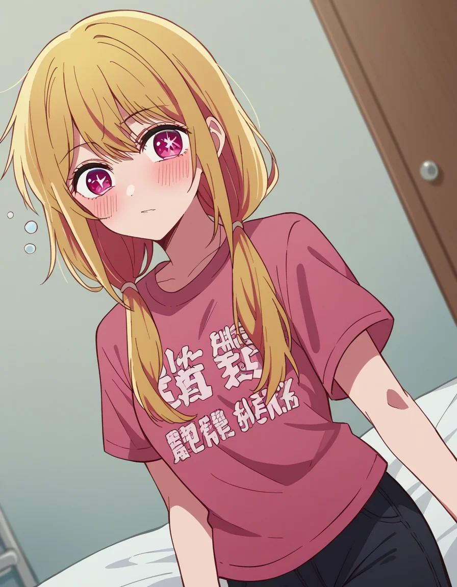 score_9, score_8_up, score_7_up, source_anime,
rubyhoshino, <lora:ruby-hoshino-s1-ponyxl-lora-nochekaiser:1>,
ruby hoshino, long hair, bangs, blonde hair, pink eyes, sidelocks, symbol-shaped pupils, multicolored hair, two-tone hair,
shirt, twintails, pants, low twintails, t-shirt, clothes writing, pink shirt,
indoors, bed, bed room, on side, blush, drunk,
looking at viewer, cowboy shot, dutch angle, solo,