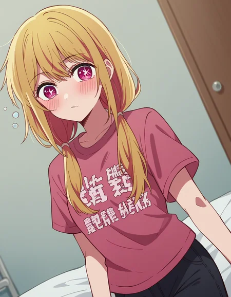 score_9, score_8_up, score_7_up, source_anime,
rubyhoshino, <lora:ruby-hoshino-s1-ponyxl-lora-nochekaiser:1>,
ruby hoshino, long hair, bangs, blonde hair, pink eyes, sidelocks, symbol-shaped pupils, multicolored hair, two-tone hair,
shirt, twintails, pants, low twintails, t-shirt, clothes writing, pink shirt,
indoors, bed, bed room, on side, blush, drunk,
looking at viewer, cowboy shot, dutch angle, solo,