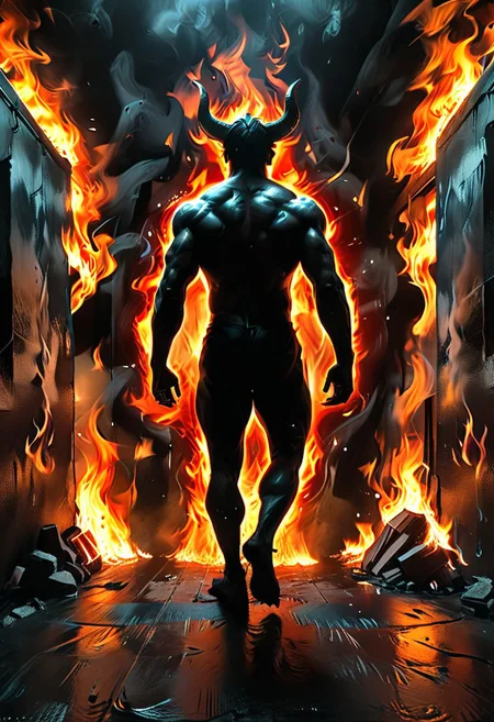 <lora:flame silhouette:1>, <lora:flame:1>, flame,
fullbody, full body, back view, <lora:Super perspective and fight stance:0.8>, ((super low perspective)), low perspective, ((fisheye)), dark atmosphere, dark shadow, deep shadow, shadow, Super perspective,fisheye, wide shot, foreshorten, lighting stance, (fire around), ((fiery footprints)),
Man with demon horns in black shorts walking away from the long dark office corridor, Adult, Mesomorph Muscular body, short Muscular neck, Rectangle faces, broad Muscular shoulders, Muscular fitness arms, black short combed back hair, Angular jawline, Designer Stubble black whiskers, triangular black hair beard, Muscular fitness ass, Athletic thighs, Muscular fitness legs, big muscles, dark black skin,
((burning walls)), ((fire on the walls)),
<lora:Camera Perspectives (507):1>, from below, foreshortening, perspective,
graphic style of novel comics, perfect hands, 2d,
8k, hyperrealism, masterpiece, high resolution, best quality, ultra-detailed, super realistic, Hyperrealistic art, high-quality, ultra high res, highest detailed, lot of details, Extremely high-resolution details, incredibly lifelike, colourful, soft cinematic light,