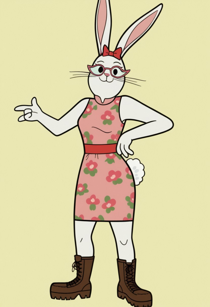 Solo, one character, 
1girl, adult, PowerpuffGirlsImaginaryFriend, female, bunny, black eyes, eyelashes, whiskers, pink nose, bunny tail, glasses, red ribbon on head, flowered dress, combat boots, four fingers,