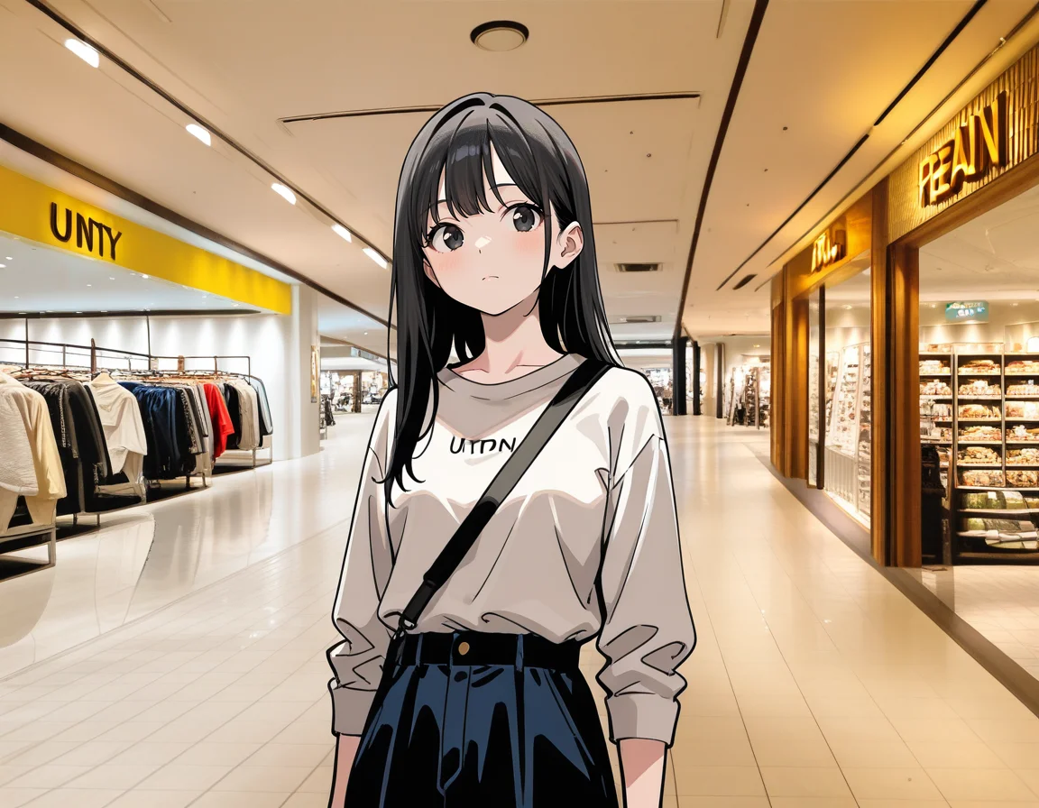 score_7_up, anime BREAK official art, solo, 1girl, one girl,
Black hair, (chest length hair:1.2), Straight Hair, bangs, one tucked behind ear, black eyes, feature large highlight, feature double highlights, shaped eyeblow,
<lora:Shopping_Mall-000006:1>, Shopping Mall, photo background, real world location,
ceiling light, tiles, tile floor, indoors, reflective floor, storefront, electronics retailer,
(masterpiece:1.3), best quality, high resolution, unity 8k wallpaper, extremely detailed CG, 8K, (watercolor \(medium\), muted color, sketch:1.1), perfect anatomy, highly finished, masterpiece, best quality, high quality, amazing quality, great quality, very aesthetic, ultra detailed, highres, absurdres, highly detailed, highly detailed background,