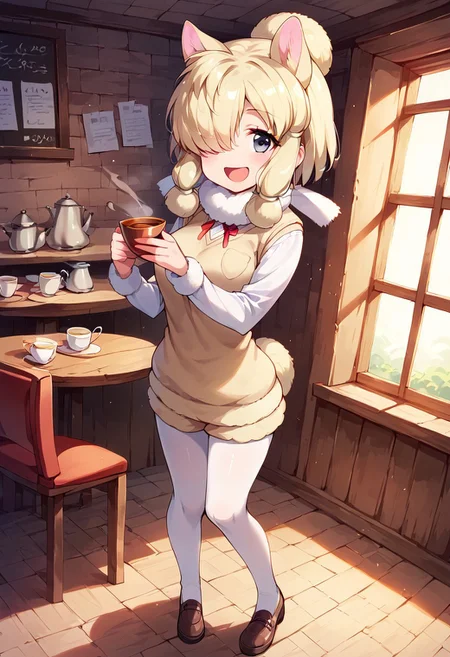 1girl, ((solo)), best quality, ultra-detailed, extremely detailed, perfect anatomy, masterpiece, score_9, score_8_up, score_7_up, Expressiveh, alpaca suri (kemono friends), alpaca ears, hair over one eye, bangs, blonde hair, grey eyes, sidelocks, hair tubes, hair bun, tail, short hair, horizontal pupils, fur scarf, white pantyhose, long sleeves, fur collar, fur trim, neck ribbon, white shirt, sweater vest, shorts, pantyhose, breast pocket, fur-trimmed sleeves, shoes, standing, open mouth smile, smile, cute, full body, cafe background, in a cafe, indoors, window with light, countertop, tables, chairs, dutch angle, full-length portrait, happy, eager, holding tea kettle,  looking at viewer, standing, (tea kettle),