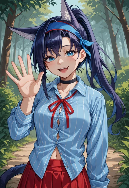 score_9, score_8_up, source_anime, 1girl, solo, BlazeBlFlm, blue eyes, black hair, long hair, ponytail, animal ears, tail, blue hairband, black choker, wing collar, blue shirt, striped shirt, partially unbuttoned, neck ribbon, red ribbon, navel, red skirt, thigh strap, waving at viewer, smile, :d, open mouth, half-closed eyes, outdoors, forest, <lora:ChamBlazePonyXL:1>
