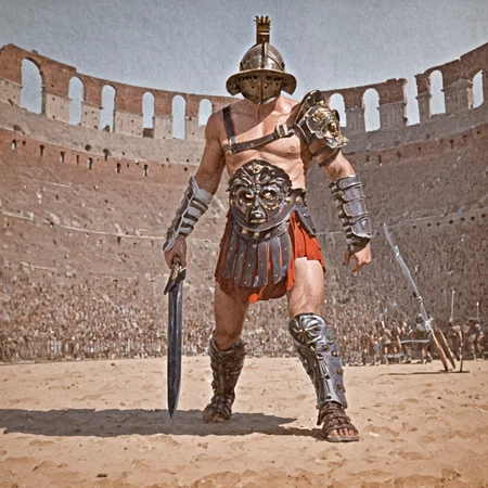 gladiator in a colosseum, rome, victrory, sword,gladiator_style, illustration,exterm detailed, painting,