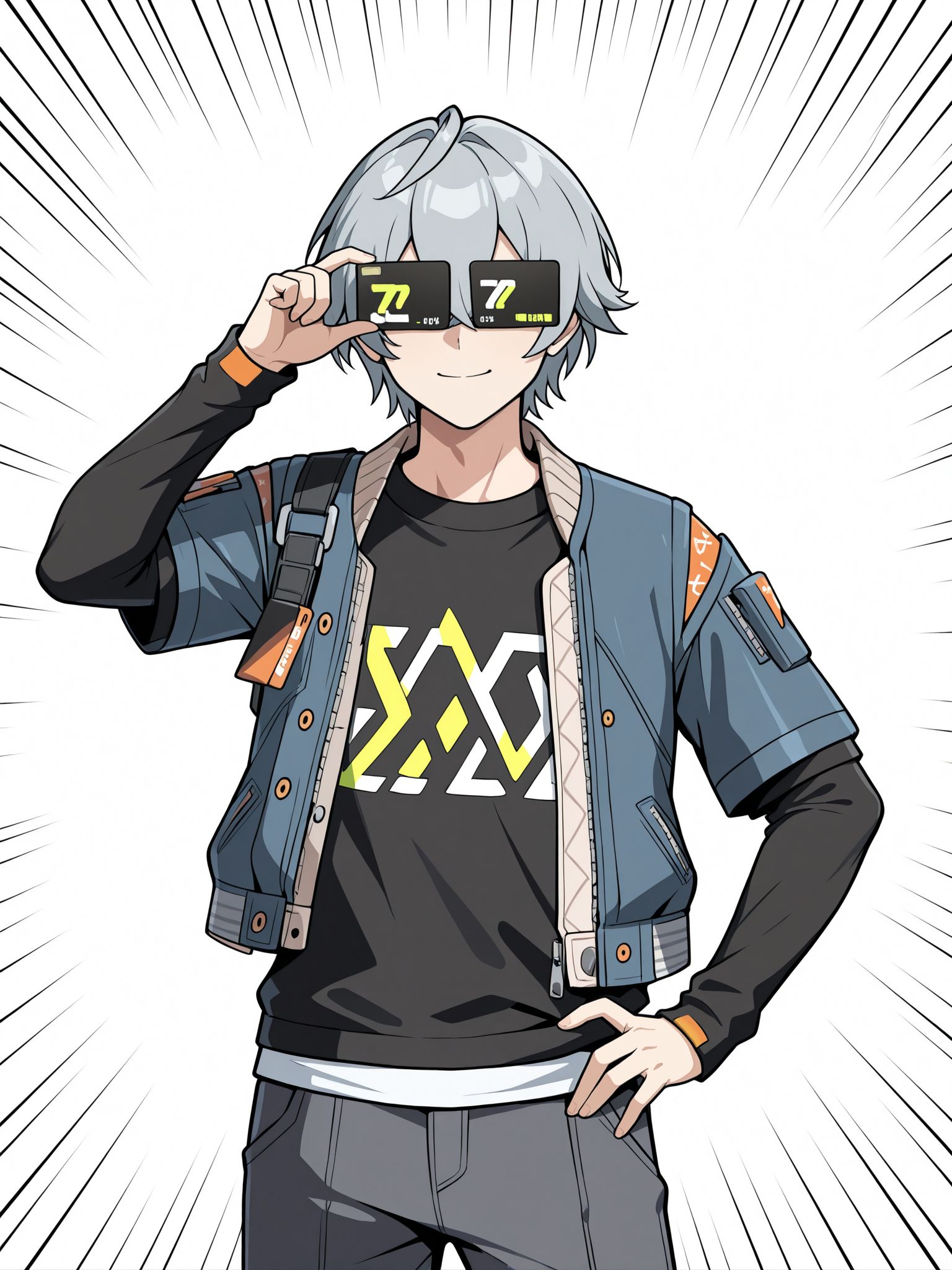 masterpiece, best quality, amazing quality, very aesthetic, absurdres, newest, general, simple background, negative space, cowboy shot,
hand on own hip, cardew,
smile, emphasis lines, 
1boy, wise \(zenless zone zero\), zenless zone zero, <lora:wise:1> wise(zzz), grey hair, short hair, 
black shirt,  open jacket, closed mouth,  t-shirt, white shirt, long shirt, 
white background,
straight-on, covered eyes, adjusting eyewear, credit card, <lora:cardew v2:1>