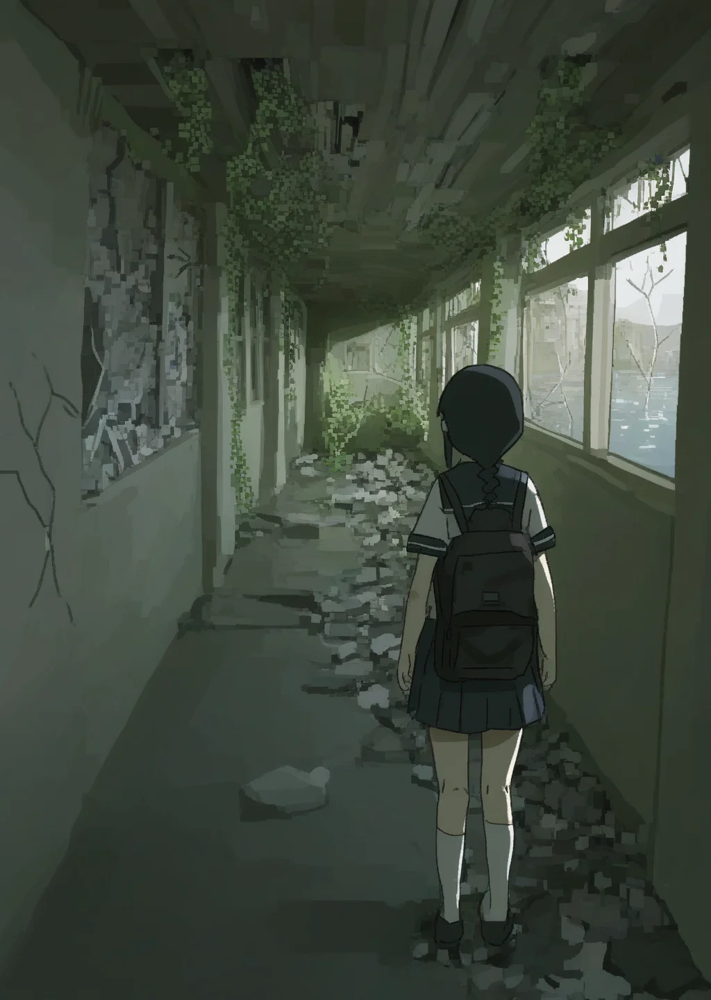 newest, masterpiece, best quality, very awa, best composition, simple background BREAK
indoors, post-apocalypse, school, hallway, vines, cracked_walls, broken_window, puddles, water, ruins, collapsed_ceiling, rubble, vines_on_windows, collapsed_floor, planks, broken
1girl, solo, skirt, serafuku, from behind, backpack, black hair, single braid,
<lora:prasetyoadii22:1>