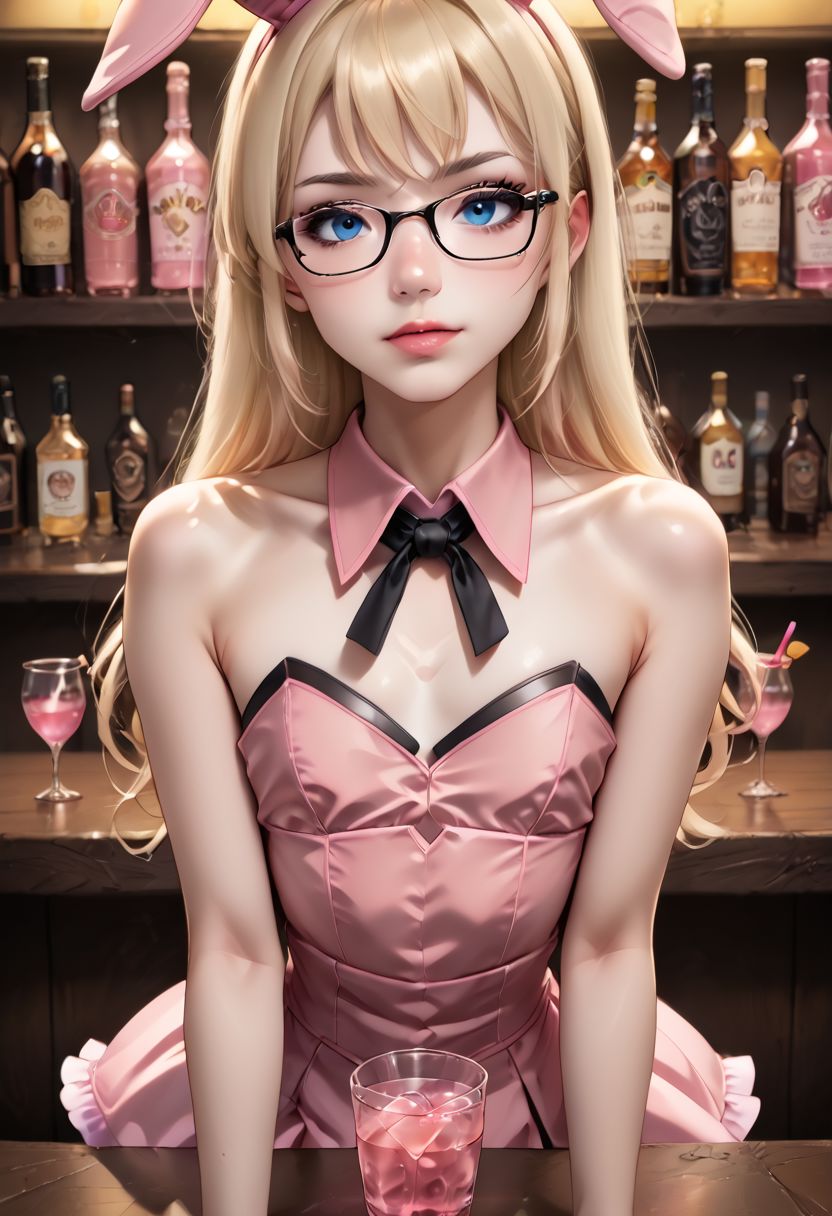anime art. girl with blonde hair, blue eyes, glasses, flat chest, pink bunnydress, serving pink drinks at the bar, doing sexy pose