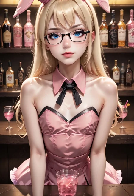 anime art. girl with blonde hair, blue eyes, glasses, flat chest, pink bunnydress, serving pink drinks at the bar, doing sexy pose