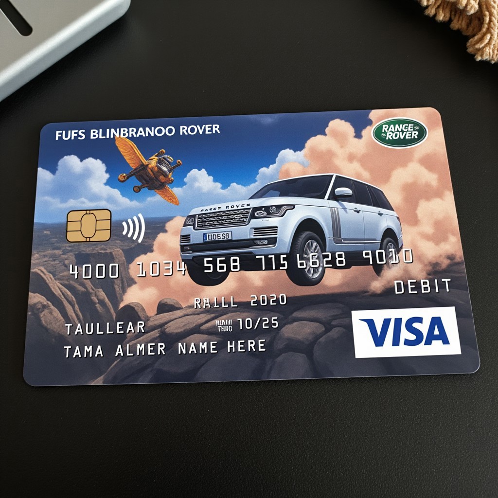The image is a digital illustration on a custom Visa credit card, featuring an anime-style Range Rover car jumping off a cliff. The scene is dynamic, capturing the car in mid-air with intense action and motion, surrounded by dust and debris. The Range Rover is designed with sleek, futuristic lines, enhanced by bold, vibrant colors typical of anime style.
The card is laying on a black wood table, with the camera angle set at a 45-degree view from above. The table’s texture and reflections are visible, creating a realistic contrast with the intense, stylized action on the card. The car’s movement is enhanced with motion blur and exaggerated details, making it appear as if the car is leaping from the cliff with incredible speed and energy.
The card design features intricate borders and metallic accents, adding depth to the scene. The background of the image should have a sense of dramatic perspective, showing the cliff edge, distant rocks, and a blurred horizon. The colors should be vibrant, with dramatic lighting and shadows that highlight the action.