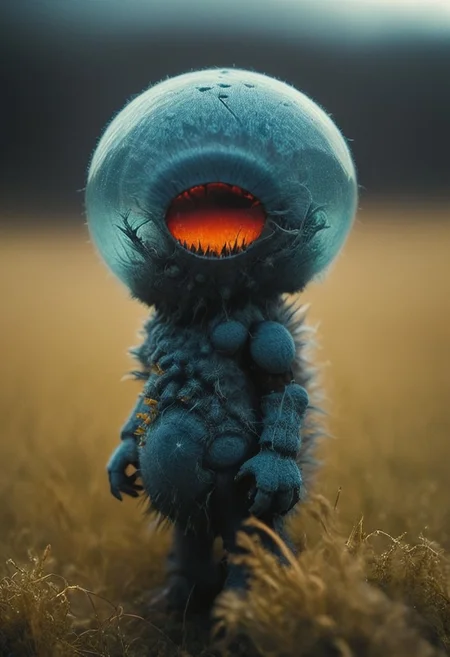 a closeup macro photo of a slightly Amber and Scarlet translucent small armored mech mushroom resembling a small fluffy Monster with long tail and Open mouth and Sharp teeth, closeup, infront of an blueish sundawn in an eerie meadow,
deep Blacks, very detailed, atmospheric haze, Film grain, cinematic film still, shallow depth of field, highly detailed, high budget, cinemascope, moody, epic, OverallDetail, 2000s vintage RAW photo, photorealistic, candid camera, color graded cinematic, eye catchlights, atmospheric lighting, imperfections, natural, shallow dof