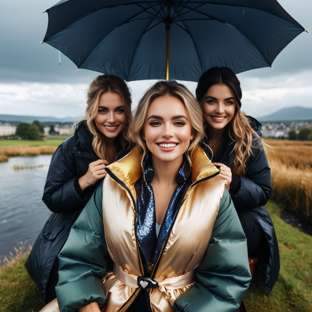 (((dark cinematic still with dark vibes))),one squatting  group of irish professional women,<lora:Pony_Extra_Puffy_Jackets_V1:0.7> extra_puffy_life_jacket ,  satin Umbrella,satin_scarf_blindfold,smile,beautiful eyes,tea,stormy weather,landscape,gleaming diamond palace with golden accents , radiating light, amidst brilliance, glittering professional photography, macro, natural lighting, ,happy,sky,flower ,water,canopy,glitter,luster, (mouth closed)
 <lora:satin_scarf_blindfold:0.4>
<lora:WildcardX-XL-Detail-Enhancer:1>