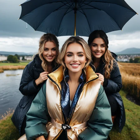 (((dark cinematic still with dark vibes))),one squatting  group of irish professional women,<lora:Pony_Extra_Puffy_Jackets_V1:0.7> extra_puffy_life_jacket ,  satin Umbrella,satin_scarf_blindfold,smile,beautiful eyes,tea,stormy weather,landscape,gleaming diamond palace with golden accents , radiating light, amidst brilliance, glittering professional photography, macro, natural lighting, ,happy,sky,flower ,water,canopy,glitter,luster, (mouth closed)
 <lora:satin_scarf_blindfold:0.4>
<lora:WildcardX-XL-Detail-Enhancer:1>