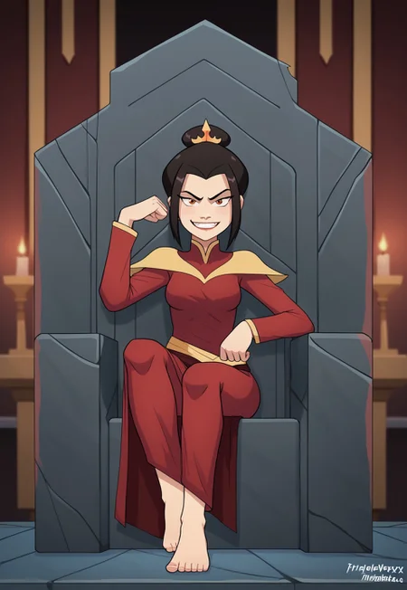 triplevexx, azula, avatar_legends, 1girl, black_hair, brown_eyes, sfw, sitting on a throne, regal pose, confident smile