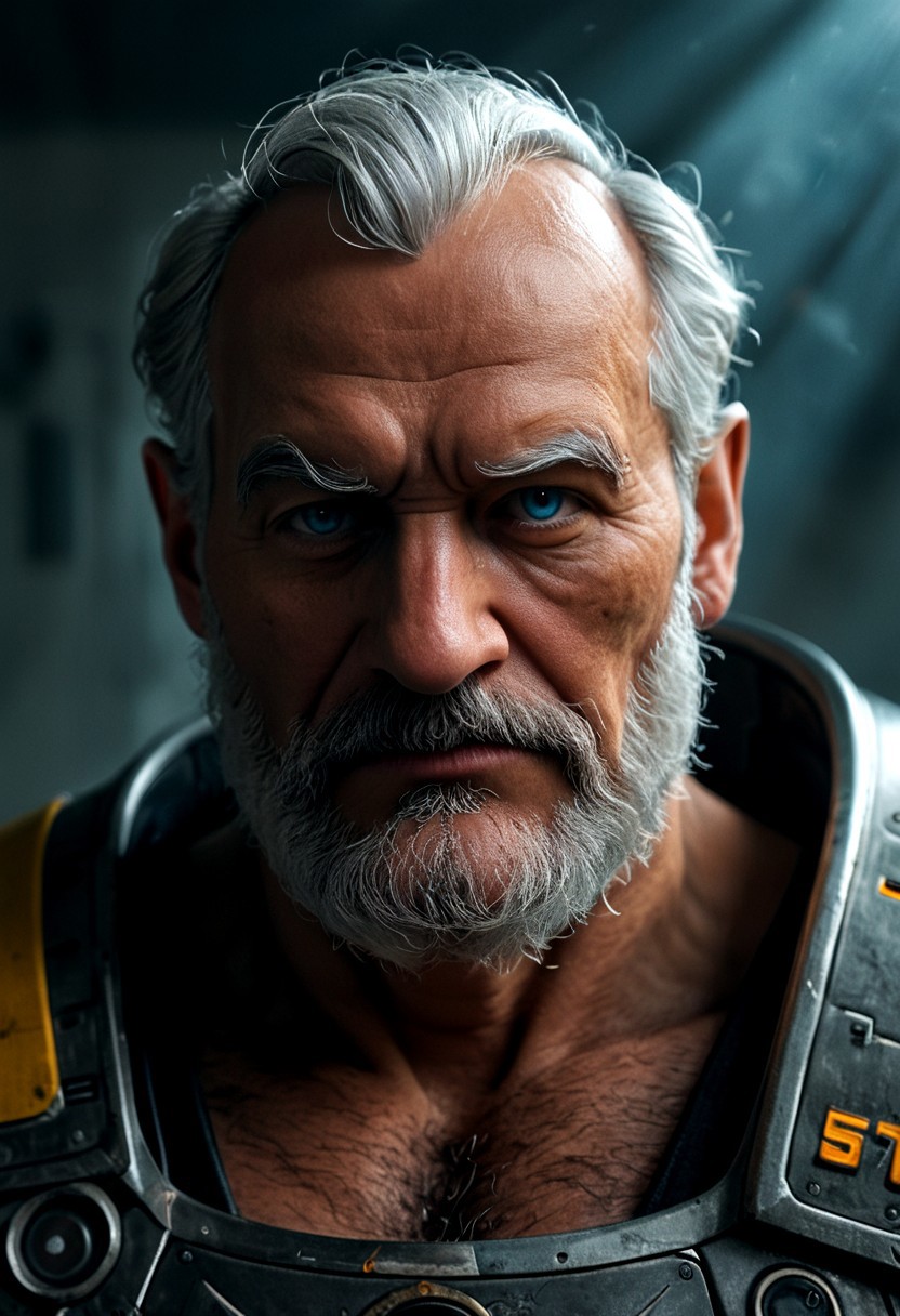 realistic, closeup portrait, face portrait, focus on face, seen from the side, dark cyberpunk megacity, neonlit background, volumetric light rays, natural light, alone, solo, relaxed cute pose, arm resting on leg, old granddad, old man, grandpa, tanned skin, strong tan, pubic-hair, small flat crooked down nose, bushy eyebrows, hairy chest, chesthair, strong manly round chubby face, deep blue eyes, (charming, handsome, sensual, arrogant, challenging), wearing cybernetic armor, cybernetic bodysuit, cyberpunkt accessoires