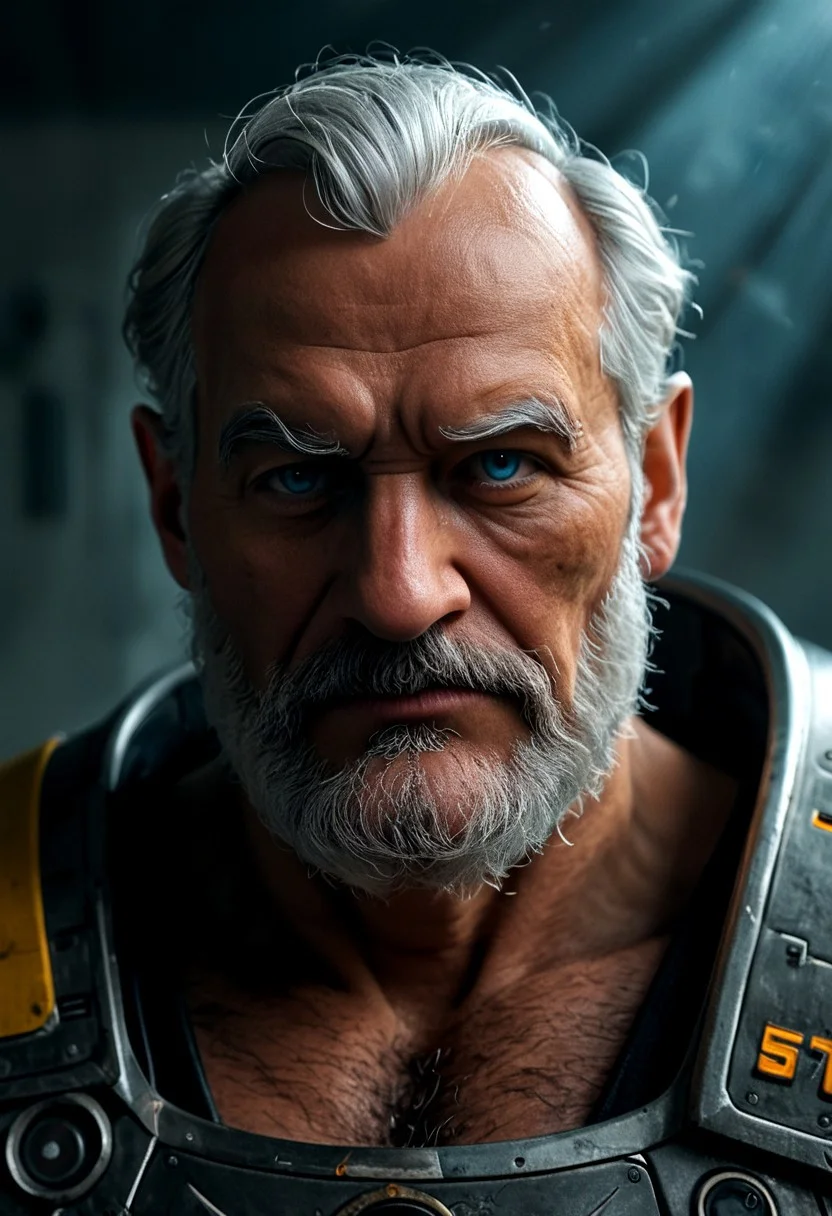 realistic, closeup portrait, face portrait, focus on face, seen from the side, dark cyberpunk megacity, neonlit background, volumetric light rays, natural light, alone, solo, relaxed cute pose, arm resting on leg, old granddad, old man, grandpa, tanned skin, strong tan, pubic-hair, small flat crooked down nose, bushy eyebrows, hairy chest, chesthair, strong manly round chubby face, deep blue eyes, (charming, handsome, sensual, arrogant, challenging), wearing cybernetic armor, cybernetic bodysuit, cyberpunkt accessoires