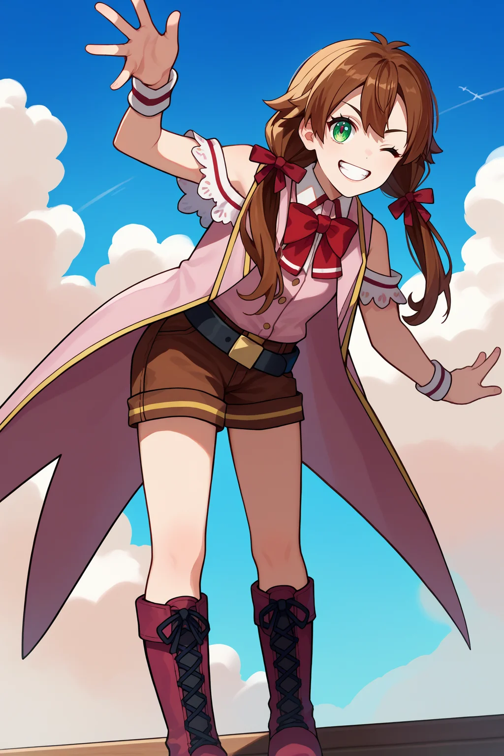 score_9, score_8_up, score_7_up, score_6_up, source_anime, 1girl, solo, <lora:roroaamidonia-pdxl-nvwls-v1-000005:1> roroa, brown hair, long hair, low twintails, green eyes, hair ribbon, collared shirt, red bowtie, pink coat, sleeveless, black belt, brown shorts, wristband, grin, looking at you, cross-laced boots, leaning forward, wink, blue sky, clouds, full body, hair over shoulders