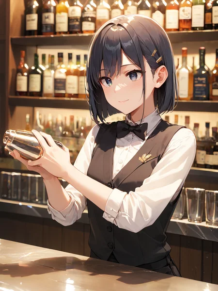 score_9, score_8_up, score_7_up,source_anime, high res image,masterpiece,best quality,girl,cute face,clear skin,shiny hair,ultra detailed eyes,simple background, <lora:bartender_pony_V1.0:1> bartender, shirt, bowtie, black vest, holding,bottle