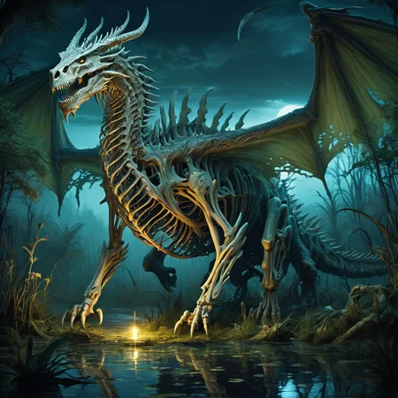 bone dragon in a swamp at night
<lora:Classic Western Dragons XL:0.8>, (masterpiece),  best quality, highres, 4k, 8k, Detailed Illustration, intricate detail, cinematic lighting, amazing quality, 1girl, fit female, amazing shading, soft lighting, facing camera, perfect eyes