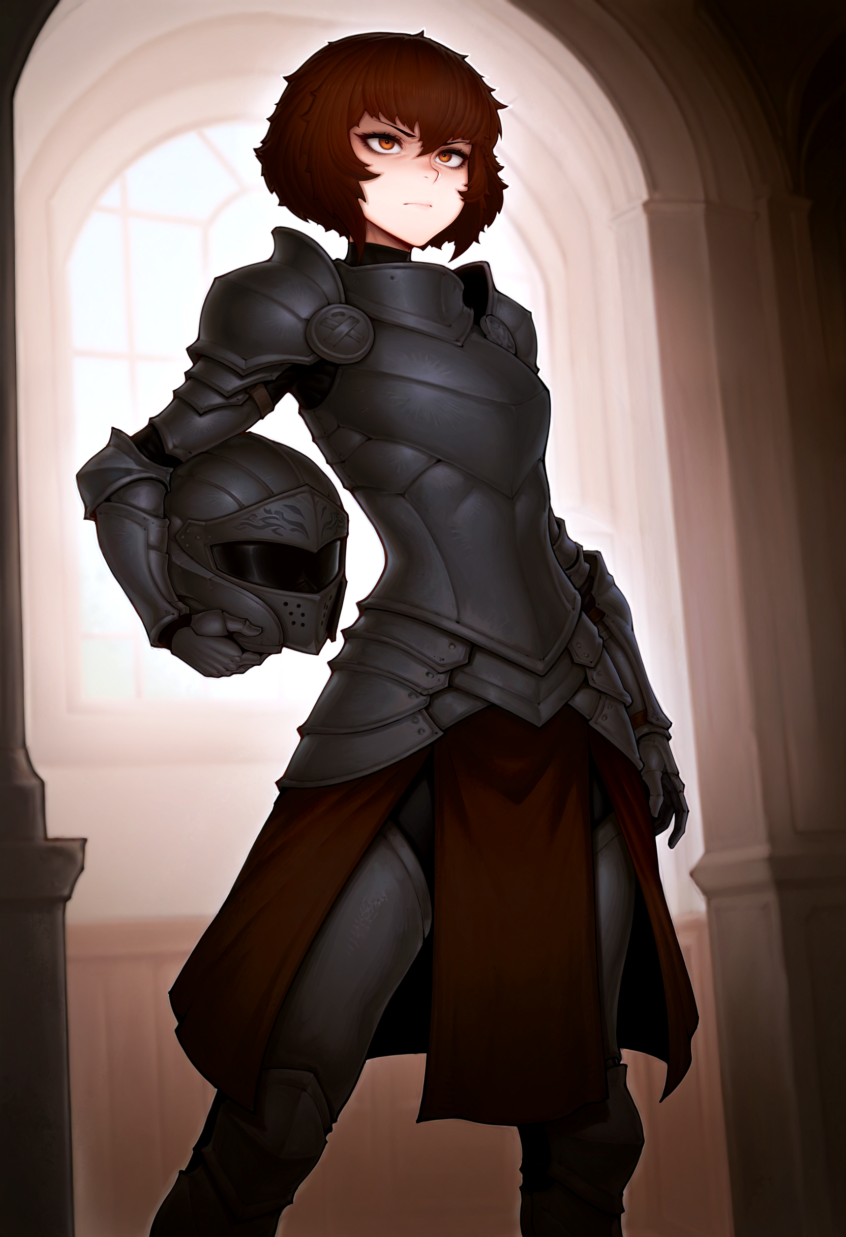 1girl, standing, indoors, full armor, unworn helmet, holding helmet, determined, serious, meolucky147, <lora:meolucky:1>,