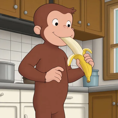 masterpiece, best quality, amazing quality, official style, cur1ousg3orge, male, furry male, anthro, solo, young, monkey, brown fur, short hair, black eyes, small nose, round ears, short, standing, eating banana, happy, indoors, kitchen