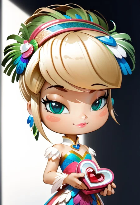 masterpiece,best quality,amazing quality, mature, clean lines, subtle lighting, bold outlines, cel shading, very aesthetic, absurdres, newest,
1girl, pinystyle, medium shot, closeup, solo, beautiful blonde girl, feather hair, hair made of feathers, mugenfan208, (small breasts:1.3), pink lips, green breastplate, white dress, cowhide helmet, (holding feather ornament, valentine's background, heart-shaped baloons:1.3), cute, smug expression, half-closed eyes, (hair feathers, peacock feathers in hair:1.5),
peacock style