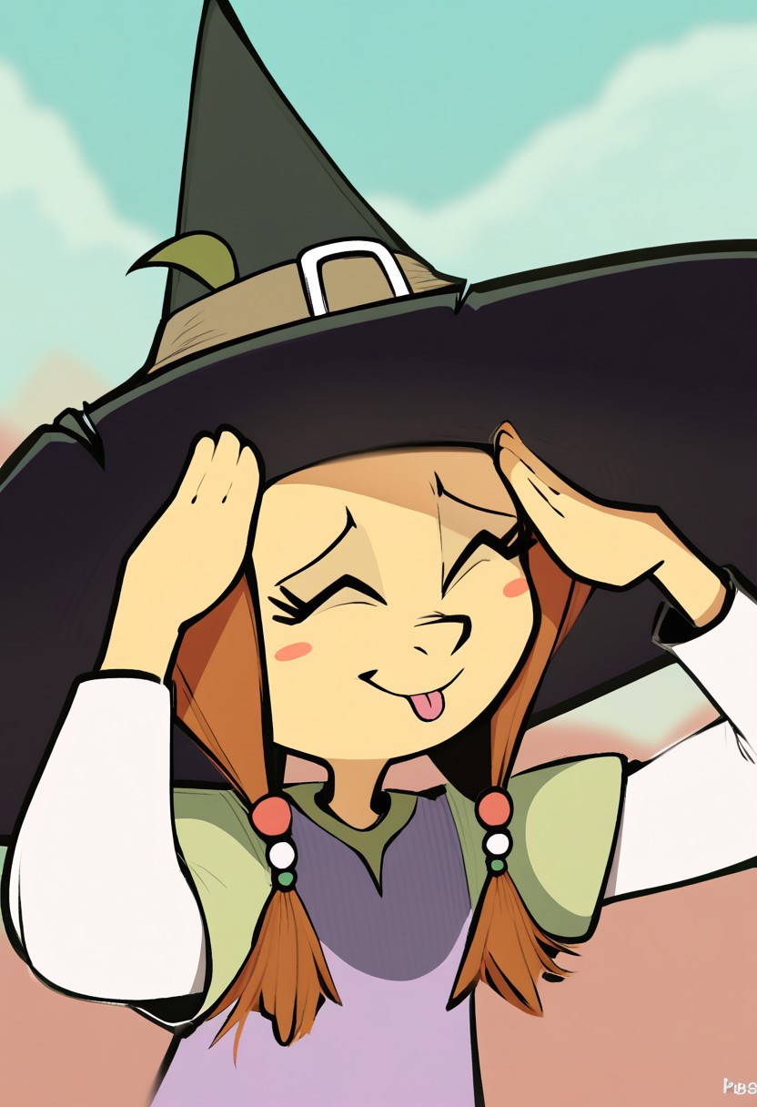 score_9, score_8_up, score_7_up, AhEtoBlehMeme, closed eyes, tongue out, :p, hands on own head, smile, <lora:AhEtoBlehMeme_pdxl_Incrs_v1:1>, olivia, witch hat