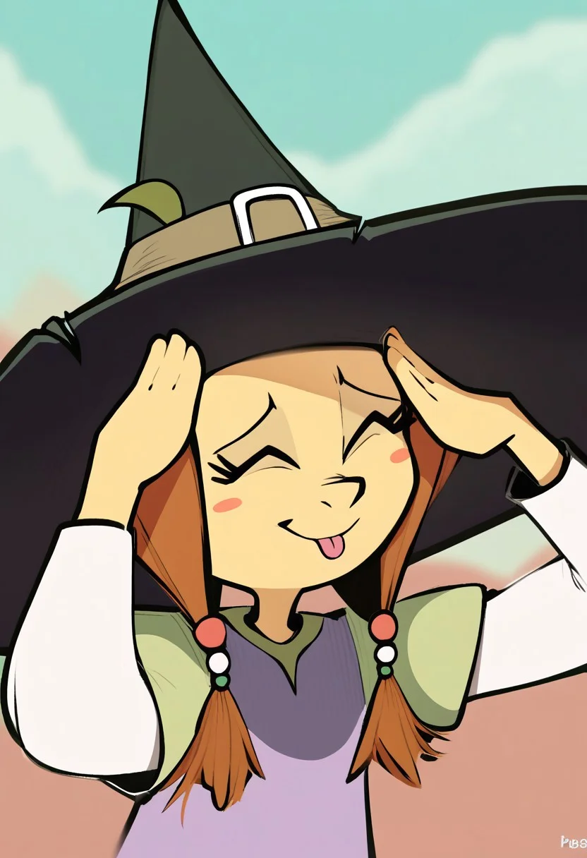 score_9, score_8_up, score_7_up, AhEtoBlehMeme, closed eyes, tongue out, :p, hands on own head, smile, <lora:AhEtoBlehMeme_pdxl_Incrs_v1:1>, olivia, witch hat