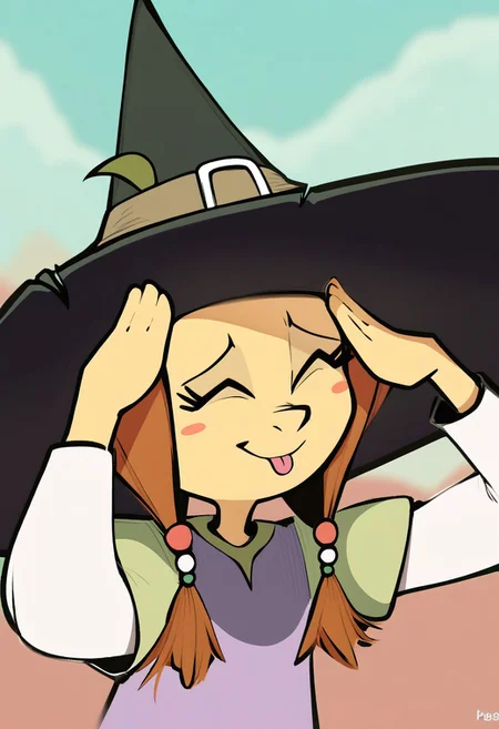 score_9, score_8_up, score_7_up, AhEtoBlehMeme, closed eyes, tongue out, :p, hands on own head, smile, <lora:AhEtoBlehMeme_pdxl_Incrs_v1:1>, olivia, witch hat
