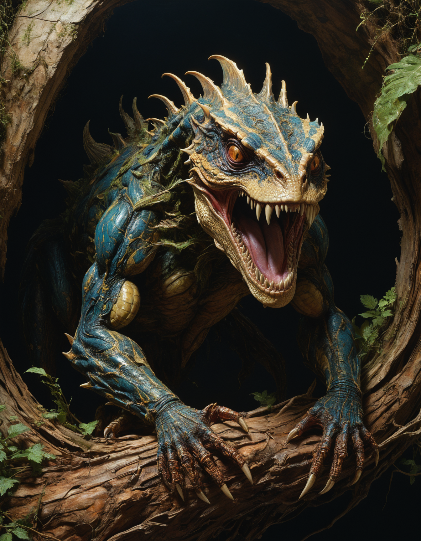 by (Roger Dean:1.2) and (Donato Giancola:1.1), hyper realistic medium full shot photo of  a (monster lurking in the shadows:1.1),  (reptilian , angelic , masterful:1.4), poster art, bold lines, hyper detailed, expressive,  award winning,  dark limited color palette, high contrast, depth of field, (intricate details, masterpiece, best quality:1.4),
RGB lighting, looking at viewer, dynamic pose, wide angle panoramic view,
<lora:add-detail-xl:0.8> <lora:xl_more_art-full_v1:0.5>  <lora:NicolaSamori:0.4> in the style of nicola samori <lora:looking_at_viewer:2>
