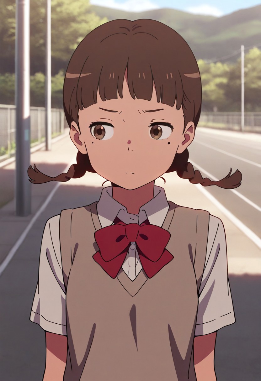 masterpiece,best quality,amazing quality, natori sayaka, brown eyes, brown hair, twin braids, 1girl, solo, mole, braid, mole under eye, school uniform, bow, sweater vest, outdoors, shirt