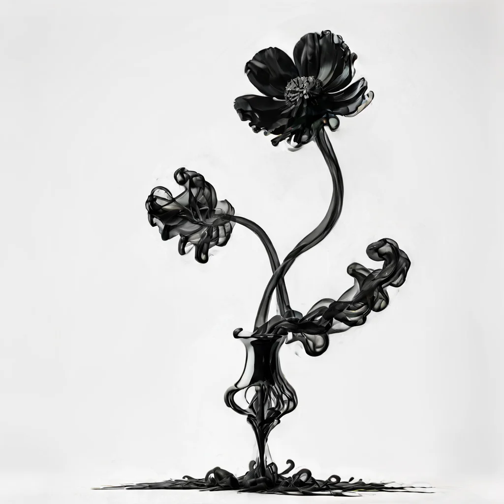 A beautiful Poppy flower in a black vase in a white room, ((white background)), photograph, 8k resolution, award winning photograph, horror, cinematic lighting   <lora:Gloom-step00000900:1>