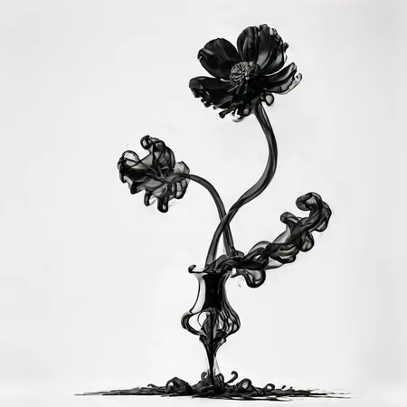 A beautiful Poppy flower in a black vase in a white room, ((white background)), photograph, 8k resolution, award winning photograph, horror, cinematic lighting <lora:Gloom-step00000900:1>