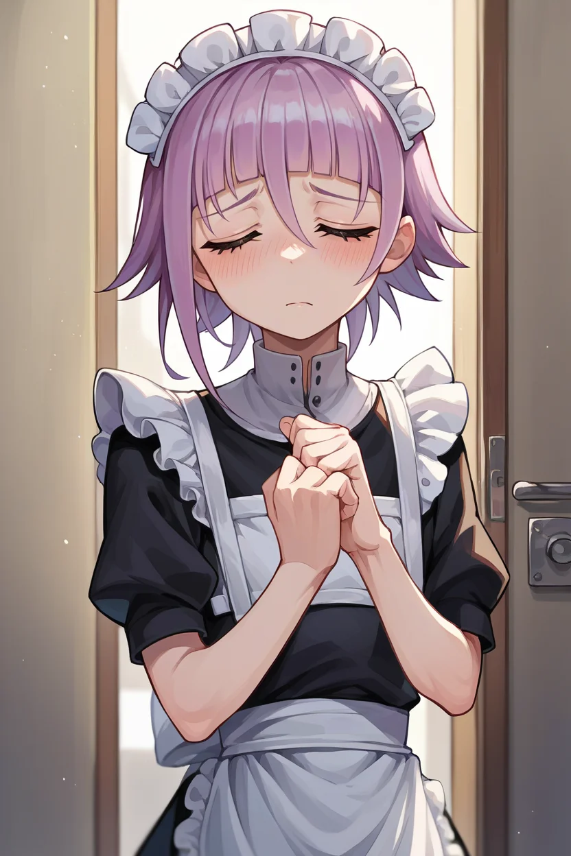 score_9, score_8_up, score_7_up, score_6_up, source_anime, solo, <lora:crona-pdxl-nvwls-v1-000005:1> crona, purple hair, short hair, black eyes, maid headdress, maid dress, looking at you, closed eyes, blush, embarrassed, hallway