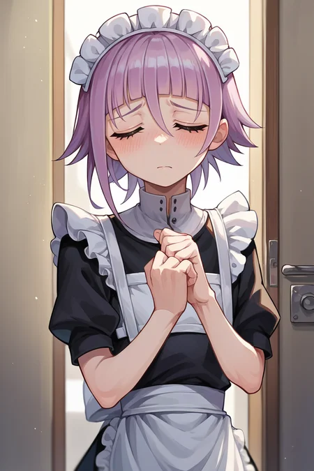 score_9, score_8_up, score_7_up, score_6_up, source_anime, solo,  <lora:crona-pdxl-nvwls-v1-000005:1> crona, purple hair, short hair, black eyes, maid headdress, maid dress, looking at you, closed eyes, blush, embarrassed, hallway