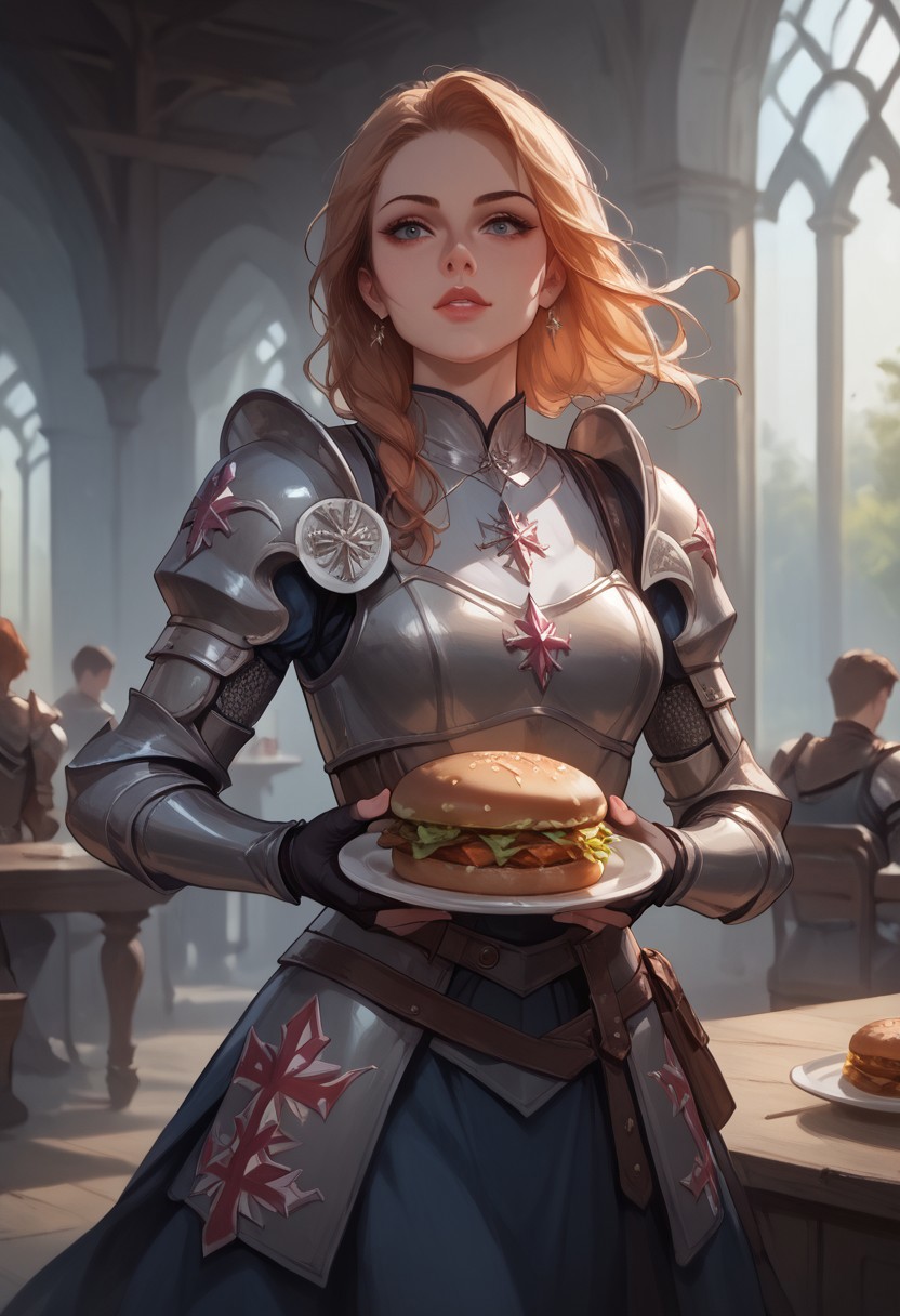 score_9, score_8_up, score_7_up, 8k, portrait,  concept art twilight, vintage illustration,
1girl, solo,  close up, eating hamburger,  , crumbs on face,
dynamic pose, medieval, heavy armor, plate armor, helmet, beautifully backlit, depth of field:1.5, indirect lighting:1.3, high contrast shadows, dramatic shadows across face:1.2, cinematic lighting on face,