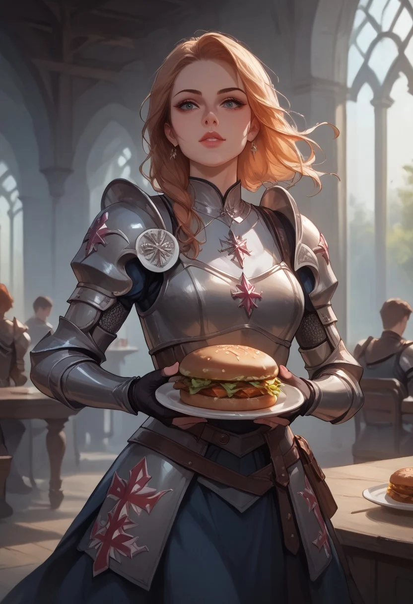 score_9, score_8_up, score_7_up, 8k, portrait, concept art twilight, vintage illustration,
1girl, solo, close up, eating hamburger, , crumbs on face,
dynamic pose, medieval, heavy armor, plate armor, helmet, beautifully backlit, depth of field:1.5, indirect lighting:1.3, high contrast shadows, dramatic shadows across face:1.2, cinematic lighting on face,
