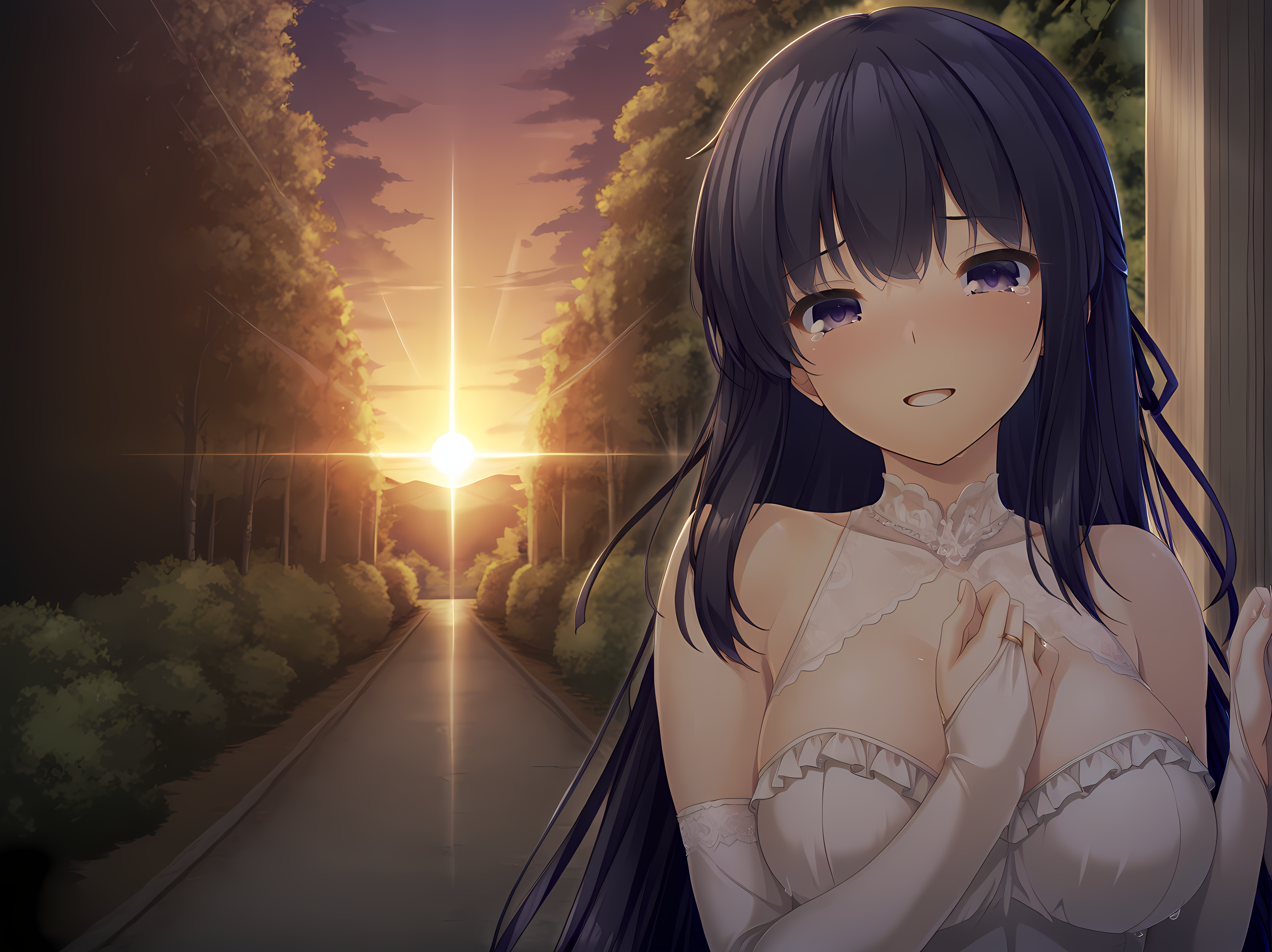 kagami,parted lips,escude,breasts,long hair,large breasts,black hair,purple eyes,very long hair,blush,smile,<lora:Kagami_Shura_-_Illustrious:1>,looking at viewer,wedding dress,bride,bridal gauntlets,sunset,outdoors,happy,tears,dappled sunlight,light rays,frills,, masterpiece,best quality,amazing quality,