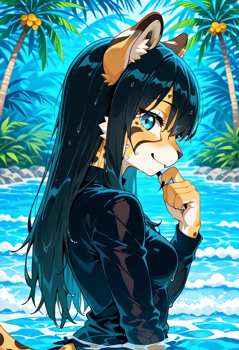 beautiful detailed eyes, masterpiece, best quality, intricate details, absurdres, 1girl, solo, medium breasts, ((furry cheetah girl:1.5)), big cheetah ears, (cheetah fur:1.1), animal nose, light blue eyes, ((dark black long hair, long bangs:1.5)), anime face, ((thin black shirt, long sleeve:1.5)), <lora:Hot_Tub_-_IL:0.8> ((pond, Water, partially submerged, waist-deep, flooding up to waist, wet, clear water, calm water, upper body, outdoors, river, day, looking to the viewer, cute smile, jungle backgrond, palmtree background, hand up, wet clothes, wet face, wet hair, wet fur:1.5)), dense jungle, looking down, impossible clothes, ((from side:1.5)), ((large river:1.5)), ((drooping ears:1.5)),