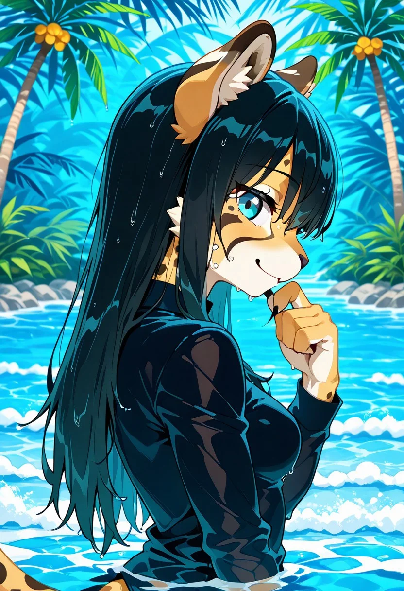 beautiful detailed eyes, masterpiece, best quality, intricate details, absurdres, 1girl, solo, medium breasts, ((furry cheetah girl:1.5)), big cheetah ears, (cheetah fur:1.1), animal nose, light blue eyes, ((dark black long hair, long bangs:1.5)), anime face, ((thin black shirt, long sleeve:1.5)), <lora:Hot_Tub_-_IL:0.8> ((pond, Water, partially submerged, waist-deep, flooding up to waist, wet, clear water, calm water, upper body, outdoors, river, day, looking to the viewer, cute smile, jungle backgrond, palmtree background, hand up, wet clothes, wet face, wet hair, wet fur:1.5)), dense jungle, looking down, impossible clothes, ((from side:1.5)), ((large river:1.5)), ((drooping ears:1.5)),