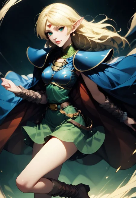score_9, score_8_up, score_7_up, semi realistic, vibrant colors, background city parade, fantasy setting, deedlit, circlet, slender, adult, medium breasts, shoulder armor, breastplate, green tunic, blue cape, gold choker, arm_wraps, belt, brown footwear, boots, dancing playfully, full body view, narrow waist, thigh gap, mature face, dancing in the streets