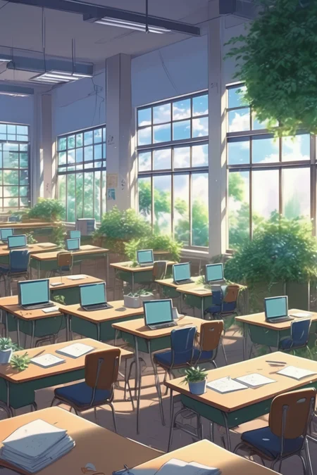 <lora:Makoto Shinkai Style:1>Makoto Shinkai Style - a college software development club with 5 computers, desks, chairs, writing pads, window, plants, a whiteboard without people, in the style