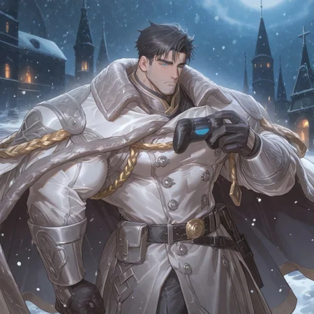 <lora:Gilfred__Alchemist_Code-000003:.7>, tagatamegilfred, gilfred_black hair, gilfred_military suit, 1boy, black hair, short hair, blue eyes, solo, male focus, manly, bara, mature male, muscle body, coat, shirt, gloves, pants, boots,
cowboy shot, outside mansion, snowing, night time, snow storm, opening one eye, very cold, 
(very short hair, beard, bara, mature, facial hair, stubble, beard, full beard, sideburn, beard, a lot of beard, ), facial hair,male focus, muscular male, muscular male, bara, mature,  bara, mature, aixiwuganda_(20222192), very awa, masterpiece, best quality, absurdres, newest, perfect quality, detailed background, intricate details,
<lora:slider_Body Type_alpha1.0_rank4_noxattn_last:3><lora:Anime Summer Days 2 Style SDXL_LoRA_Pony Diffusion V6 XL:.6><lora:slider_cfg_scale_boost:.7><lora:Artist6p:.55>, Artist6p, Artist04p,<lora:slider_il_brightness_slider_d1:-1><lora:slider_il_contrast_slider_d1:-1><lora:slider_DarkSlider1.2_alpha1.0_rank16_full_300steps:-.6><lora:slider_contract_controller_illus01_v1:.5>,