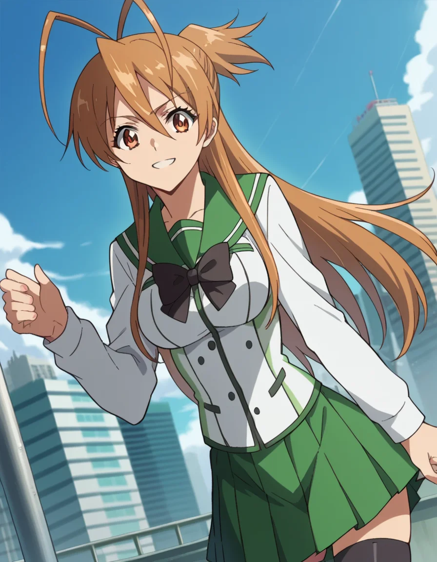 score_9, score_8_up, score_7_up, source_anime,
reimiyamoto, <lora:rei-miyamoto-ponyxl-lora-nochekaiser:1>,
rei miyamoto, long hair, brown hair, brown eyes, antenna hair, ponytail, smile,
skirt, thighhighs, school uniform, serafuku, zettai ryouiki, green skirt, bowtie, long sleeves, black thighhighs, black bowtie,
outdoors, cityscape,
looking at viewer, cowboy shot, dutch angle,
