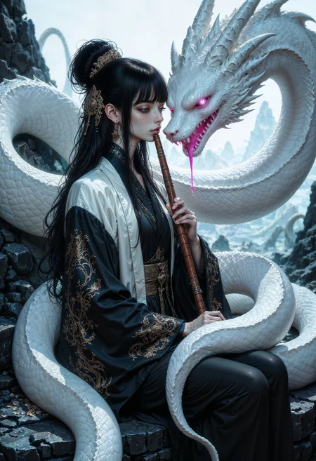 An1meL1nes, Face close up, gorgeous perfect eyes, highly detailed eyes, glossy lips. digital fantasy artwork featuring a woman with long black hair and pale skin, sitting amidst a large, white serpent with glowing pink eyes. The woman is wearing a black and white kimono with intricate patterns, and she holds a flute to her lips. The background is a mystical landscape with rocky formations and a soft, ethereal light. The composition is dynamic, with the serpent coiling around the woman, creating a sense of movement and tension. The overall color palette is cool, with shades of white, black, and hints of pink, enhancing the otherworldly atmosphere. (maximum ultra high definition image quality and rendering:3), maximum image detail, maximum realistic render, (((ultra realist style))), realist side lighting, , 8K high definition, realist soft lighting, (amazing special effect:3.5). <lora:FluxMythAn1meL1nes:1>