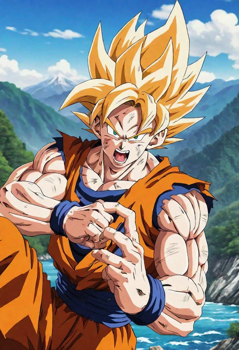 Portrait close( Son Goku Sayan Namek, Clothes 75% Broken,Screaming:1.0), green eyes, in amazing background montains, forest, sea, nature, 8k detailed face,