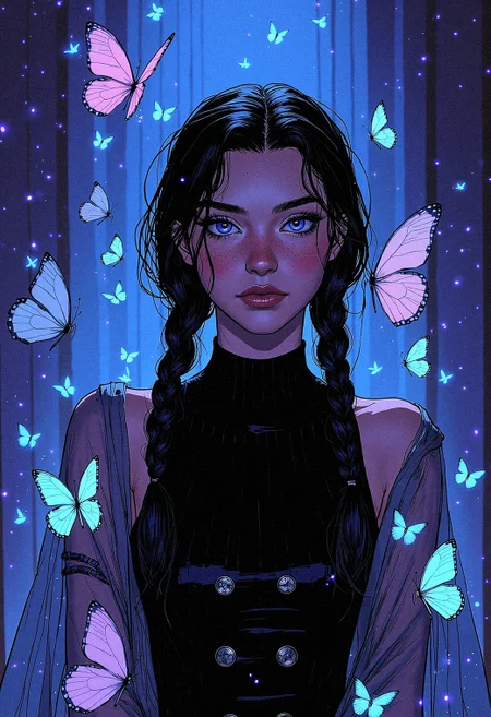 Hyper-detailed Comic book illustration artwork,
"A stunning photorealistic 3/4 shot of a young woman standing in a magical, dark atmosphere surrounded by luminous butterflies. Her black, braided hair is accentuated by loose, natural strands framing her face. She wears a tailored black outfit with glossy metallic buttons, contrasted by a translucent haori adorned with detailed butterfly wing patterns in pastel shades of blue and purple. Her violet eyes have a glass-like effect, glowing faintly in the light of the butterflies that gently flutter around her. The lighting is soft and dreamy, highlighting the intricate textures of her outfit and creating a realistic, otherworldly ambiance."
<lora:FluxDFaeTasticDetails:0.3> <lora:Comic_Style_-_FLUX:0.7000000000000001>
