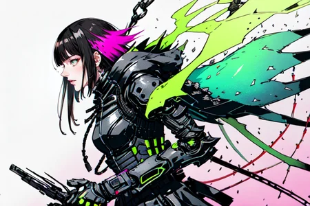 highly insanely detailed, masterpiece, top quality, best quality, highres, 4k, 8k, RAW photo, (very aesthetic, beautiful and aesthetic),
tsutomu nihei,nihei_tsutomu,blame!,blame gakuen!,abara,TNstyle,sidonia_no_kishi,wire,clouds,dome,fence,lantern,concrete walls,metal walls,
<lora:ABARA:0.8>,
(1girl:1.3),
solo focus,
neon green background,neon white background,neon pink background,(color bokeh background,rainbow background),âââ